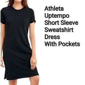 Athleta Uptempo Short Sleeve Sweatshirt Dress With Pockets Black Cotton Size S